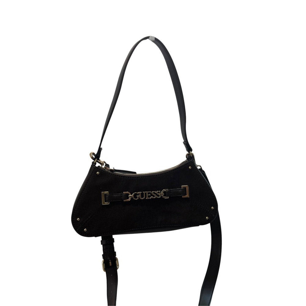 Guess Black Faux Leather and Suede Shoulder Bag Gold Logo Crossbody Handbag